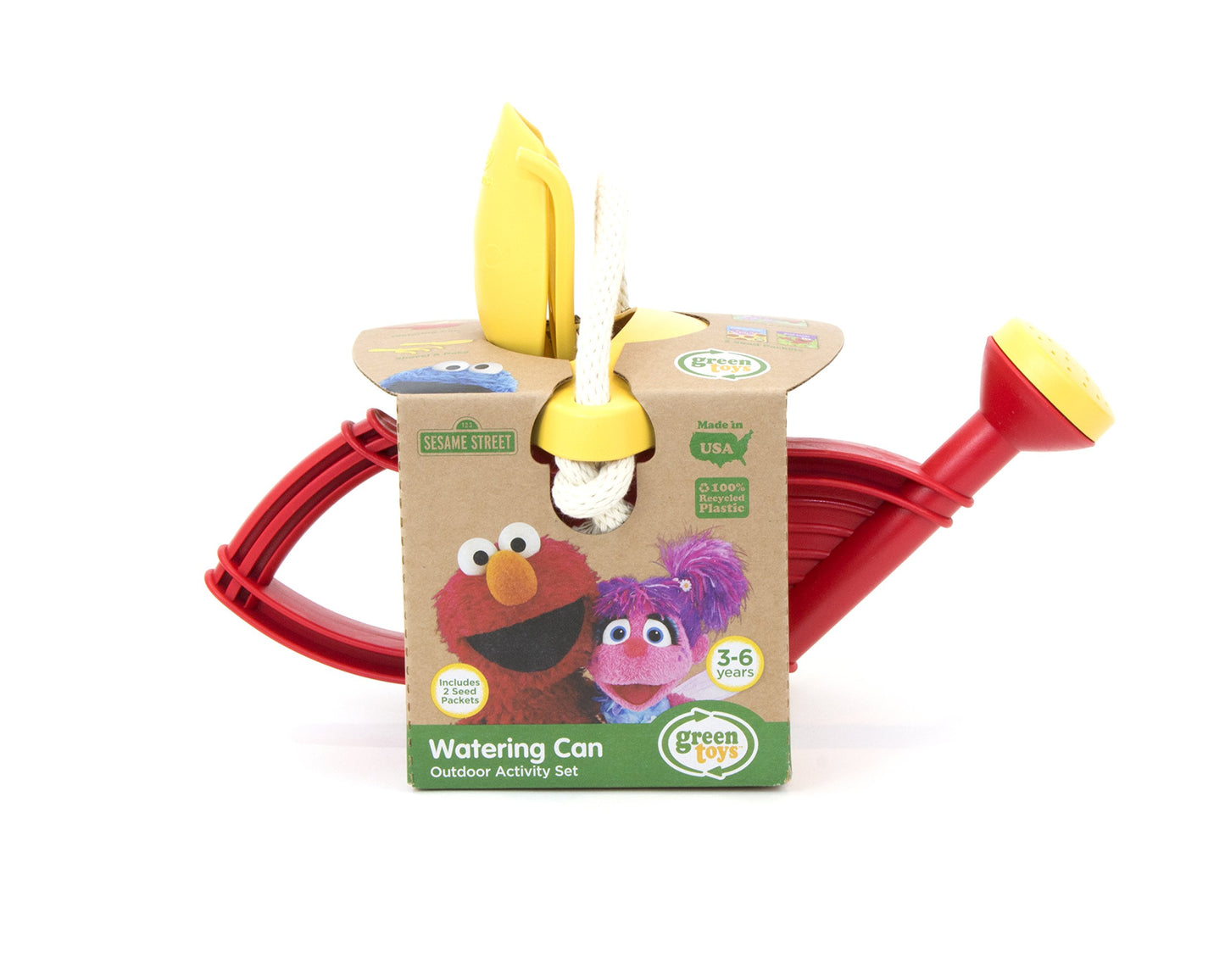 Green Toys Sesame Street Elmo Watering Can Outdoor Activity Set, Red/Yellow - 6 Piece Pretend Play, Motor Skills,No Bpa, Phthalates, Pvc. Dishwasher Safe, Recycled Plastic, Made In Usa.