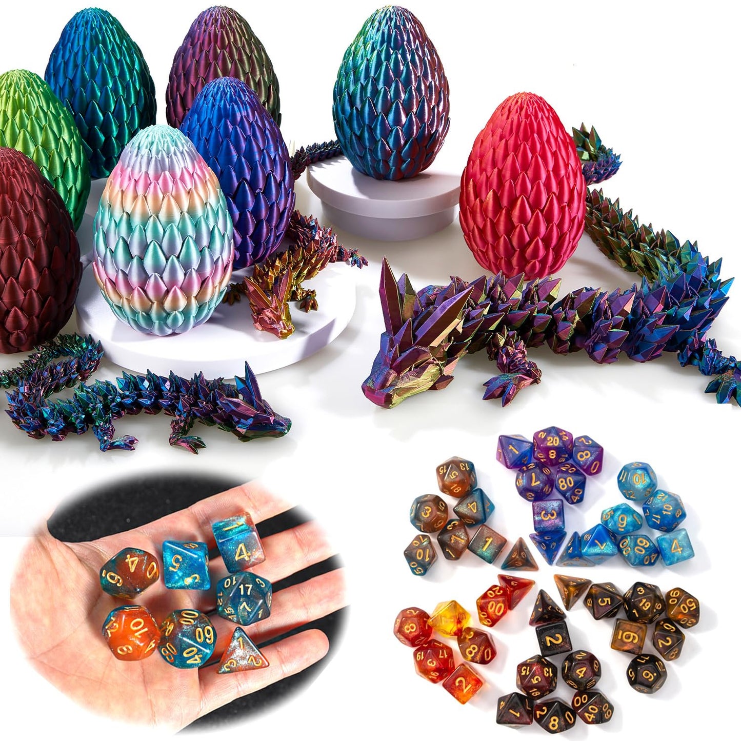 DND Dice Set (7 Pieces) and 3D Printed Dragon Egg,Fidget Toys,Surprise Dragon Egg and Polyhedral Dice Set with Gift Box,Playing