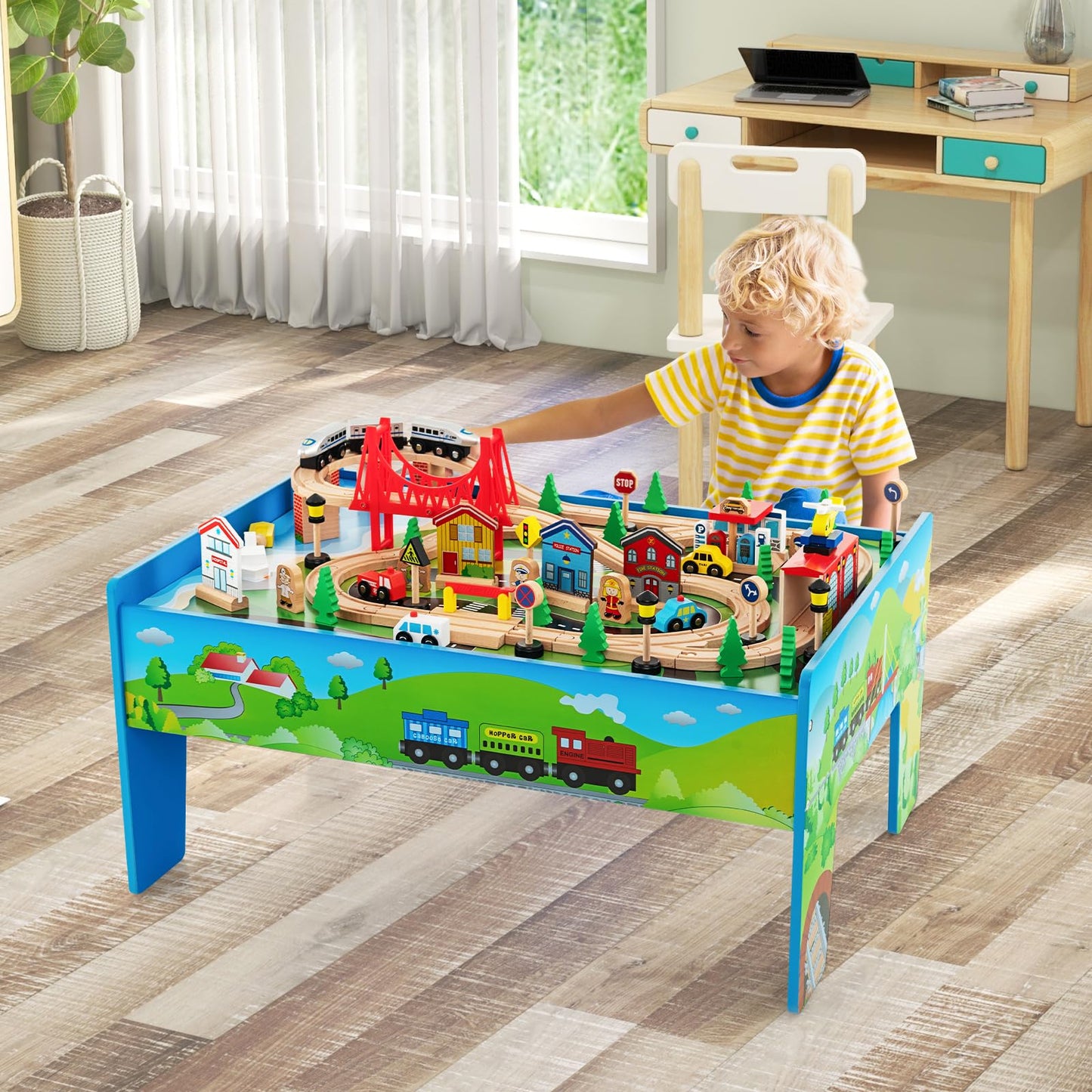 GLACER 80-Piece Train Table, Large Multipurpose Wooden Toy Activity Table Playset with Reversible Detachable Tabletop, Railway T