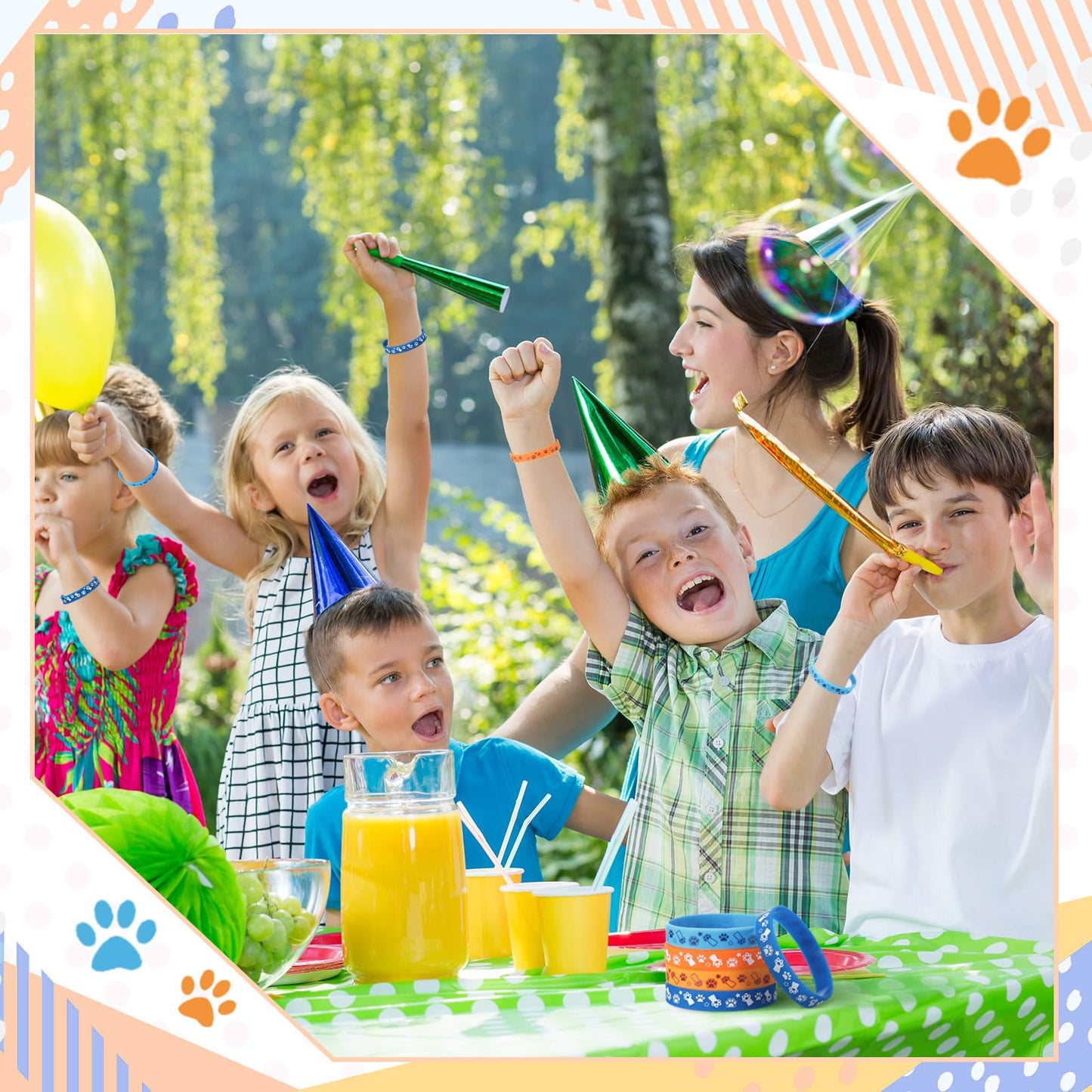 Landical 24 Pcs Blue Dog Party Favor Blue Navy Brown Tan Orange Paw Patterns Silicone Bracelets Dog Birthday Decorations For Wed