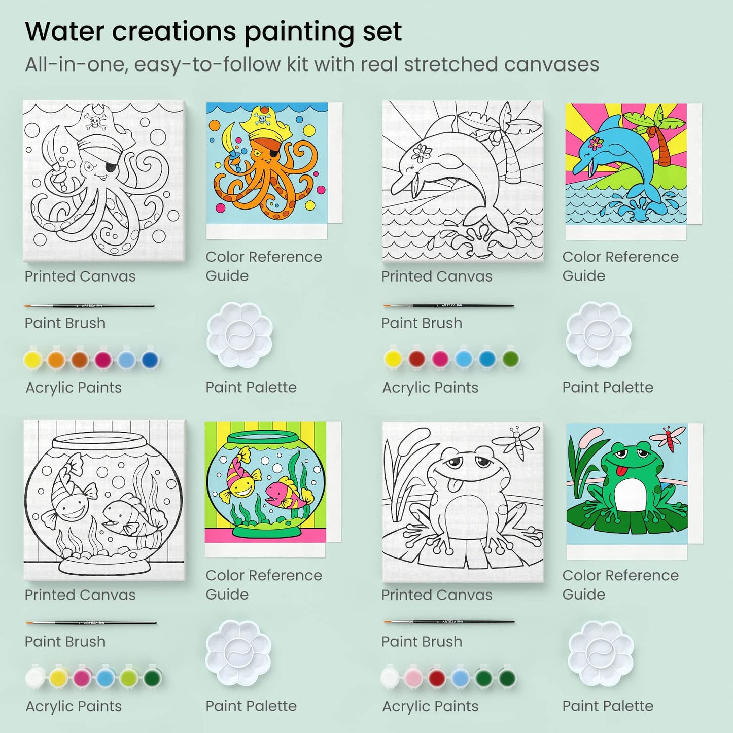Arteza Kids Water Creatures Painting Kit, 4 Canvases 8 X 8 Inches, 24 Acrylic Paints, 4 Paint Brushes, 4 Palettes, Kids Activities Ages 6 And Up