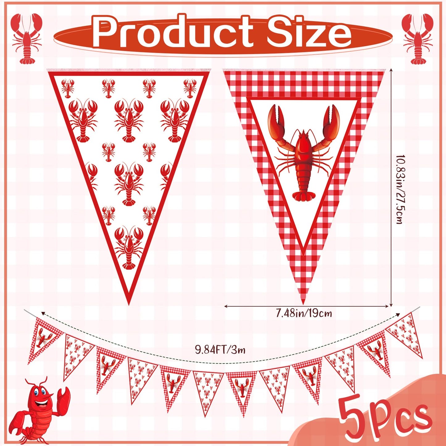 Boao 5 Pcs Crawfish Boil Party Decorations Crawfish Pennant Banner 49. 2ft Shrimp Boil Pennant Flags Red Plaid Hanging Banner fo