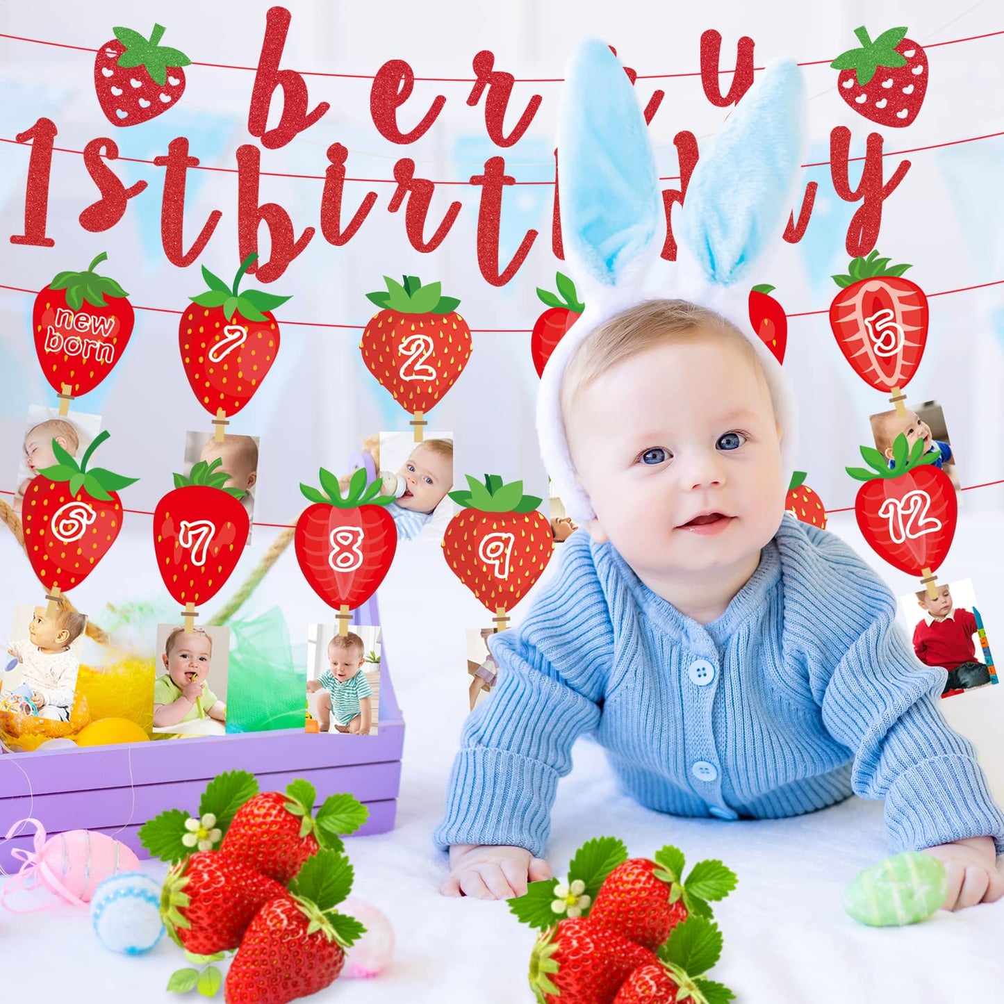 Strawberry 1St Birthday Photo Banner Baby Fruit Strawberry Birthday Photo Banner For Newborn To 12 Months Milestone Photograph B
