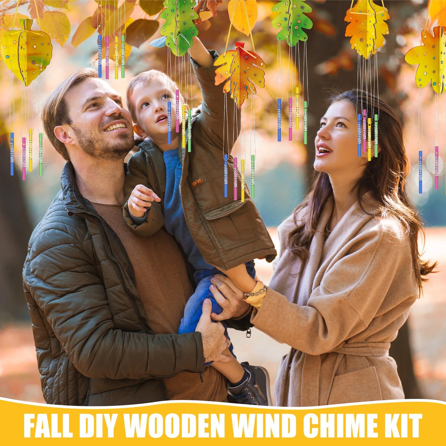 8 Sets Fall Wind Chime Kit 3D Make Your Own Maple Leaf Wind Chime Thanksgiving DIY Wooden Hanging Ornaments Fall Crafts for Autu
