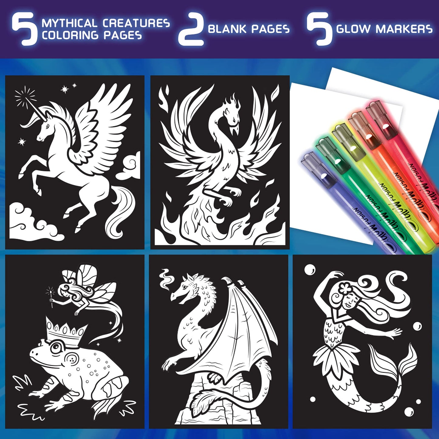Crayola Glow Fusion Coloring Set - Glow in The Dark Markers & Mythical Creature Pages, Blue/Green/Orange/Red, Model 747491