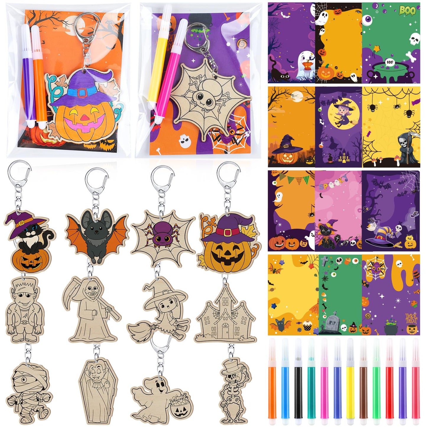 Trnayi 24 Sets Halloween Party Favors Gift Color Your Own Ghost Pumpkin Spider Witch Bat Unfinished Wooden Keychains DIY Crafts 
