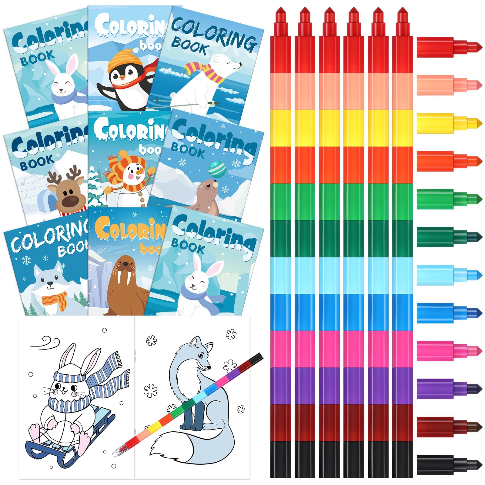 Funrous 24 Sets Winter Coloring Books Bulk Christmas Drawing Pages with Stackable Crayons Polar Bear Glacier Animal Activity Boo