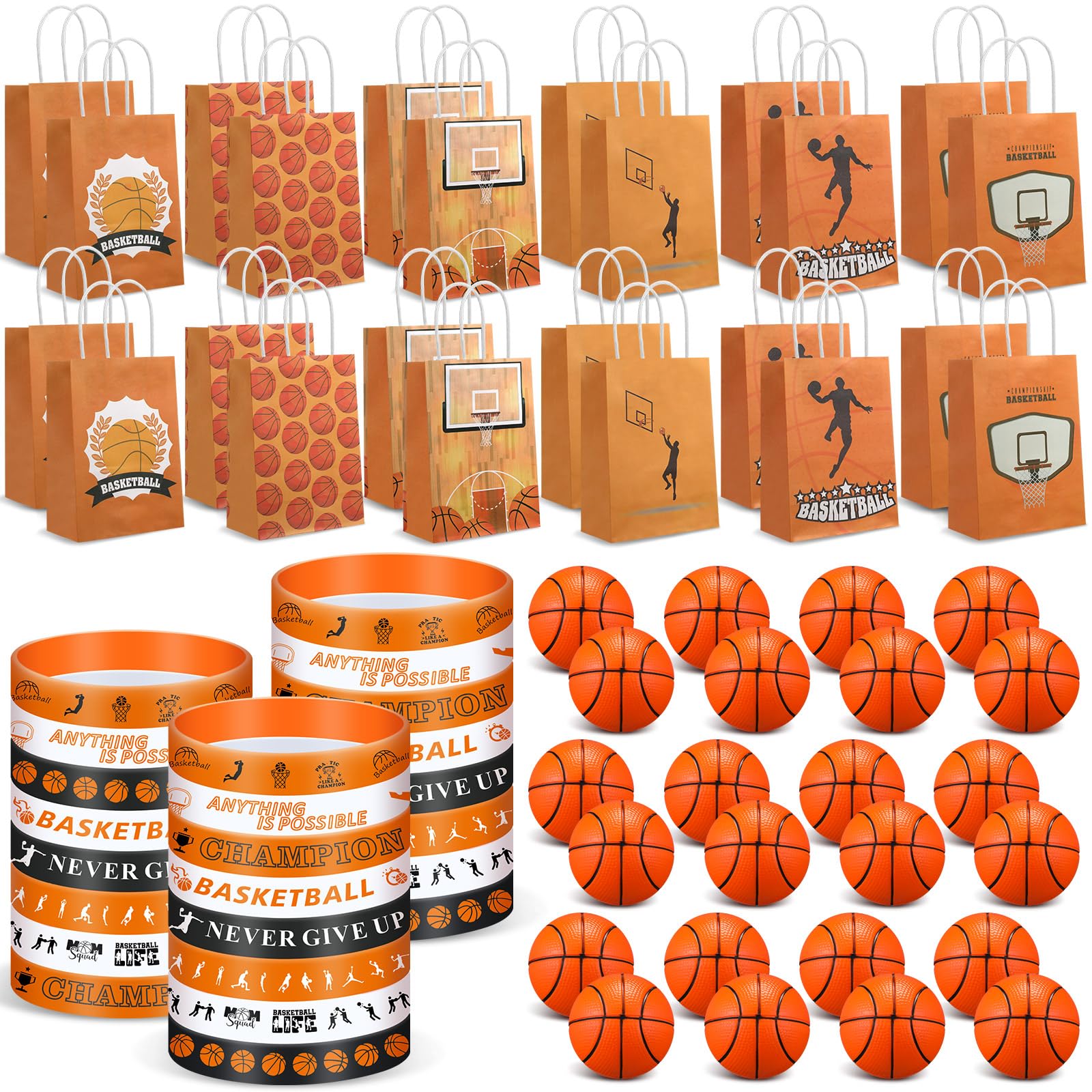 ShinyRelief 72 Pcs Basketball Party Favors Set,24 Basketball Paper Bags 24 Basketball Silicone Wristbands 24 Basketball Stress B