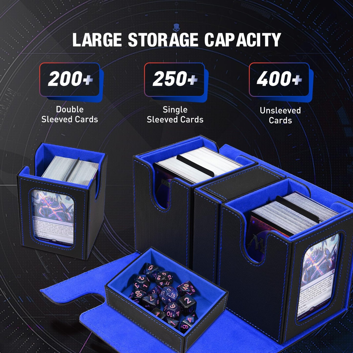 TiMOVO MTG Deck Box  Commander Deck Case Fits 200+ Double-Sleeved Cards  Magnetic Leather Card Storage Box with 2 Commander Display & 4Dividers & Dice Tray Fit YuGiOh TCG CCG Magic Cards  Black+Blue