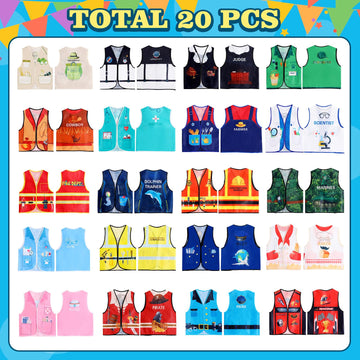 20 Pcs Kids Community Helper Dress Up Vest Career Costumes Role Play Career Cosplay Clothes Pretend And Play Costume For Kids Dress Up Doctor Police Fireman Car Racer Cowboy Farmers Worker Pirate