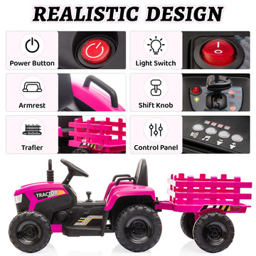 Tobbi Kids Electric Ride On Toy Tractor, 12V Battery-Powered 4 Wheels Ride On Car With Trailer, 35W Dual Motors/3-Gear-Shift/Led Lights/Usb Audio Functions For Toddlers 3-6 Years-Rose Red