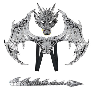 Alodidae Dragon Costumes Set Devil Wings Demon Tail Dino Mask For Halloween Masquerade Party Cosplay (Silver)