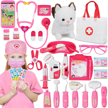 33Pcs Pet Doctor Kit For Toddlers - Dress Up Costume & Pretend Doctor Play Set With Cat Toy, Stethoscope, Pet Vet Roleplay Toys,