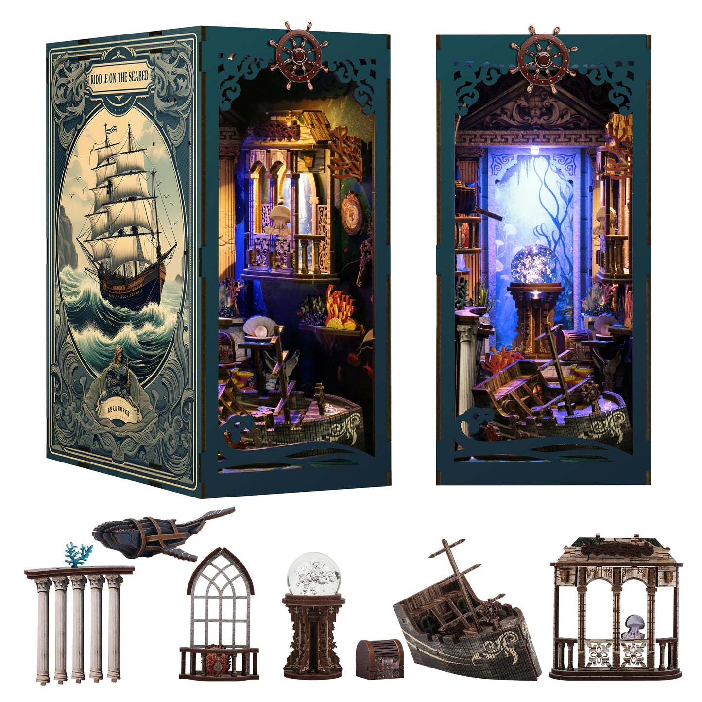 Book Nook, Diy Book Nook Kits For Adults, Ocean Adventure 3D Wooden Puzzle Bookend Bookshelf Insert Decor With Led Light, Book N