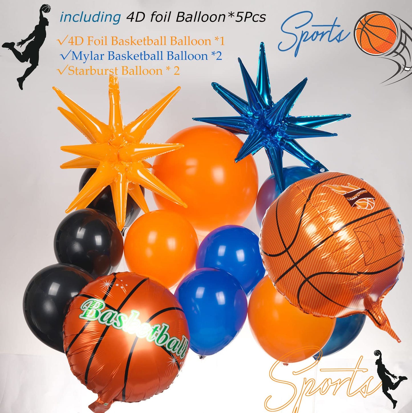 Kozee Orange Blue Black Basketball Balloon Garland Kit 135Pcs With 4D Starburst Basketball Balloons For Boy&Girl Sport Theme Par
