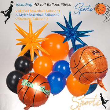 Kozee Orange Blue Black Basketball Balloon Garland Kit 135Pcs With 4D Starburst Basketball Balloons For Boy&Girl Sport Theme Par