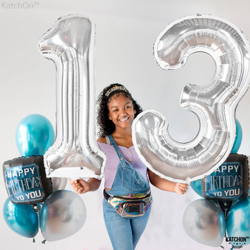 Katchon, Big Silver 13 Balloon Numbers - 40 Inch | 13Th Birthday Decorations For Girls | 13 Number Balloons, 13Th Birthday Decorations For Boys | 13Th Birthday Balloons, 13Th Balloons For Anniversary