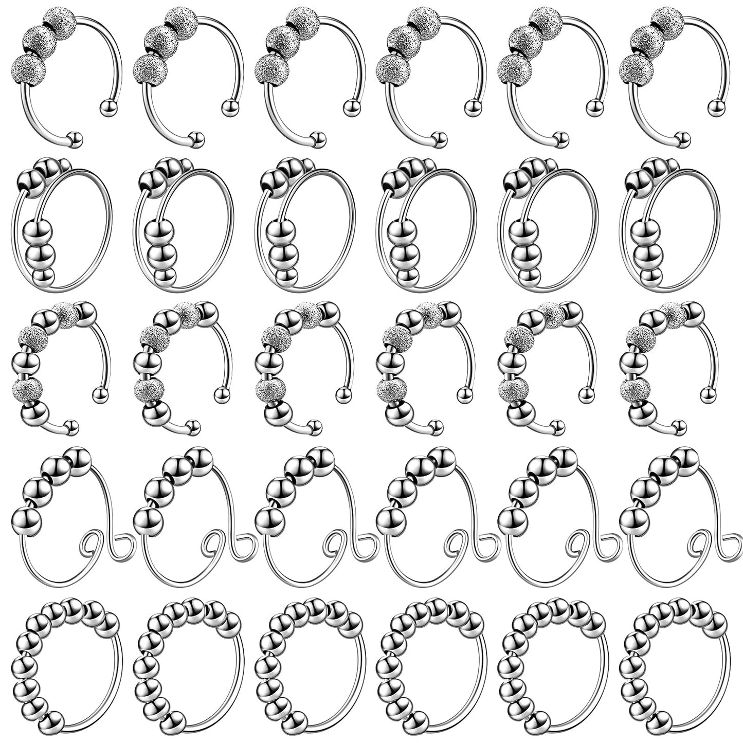 30 Pcs Anxiety Fidget Ring For Women Stainless Steel Adjustable Spinner Ring With Beads For Men Women Adults Stress Relief(Silver)
