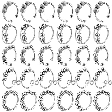 30 Pcs Anxiety Fidget Ring For Women Stainless Steel Adjustable Spinner Ring With Beads For Men Women Adults Stress Relief(Silver)