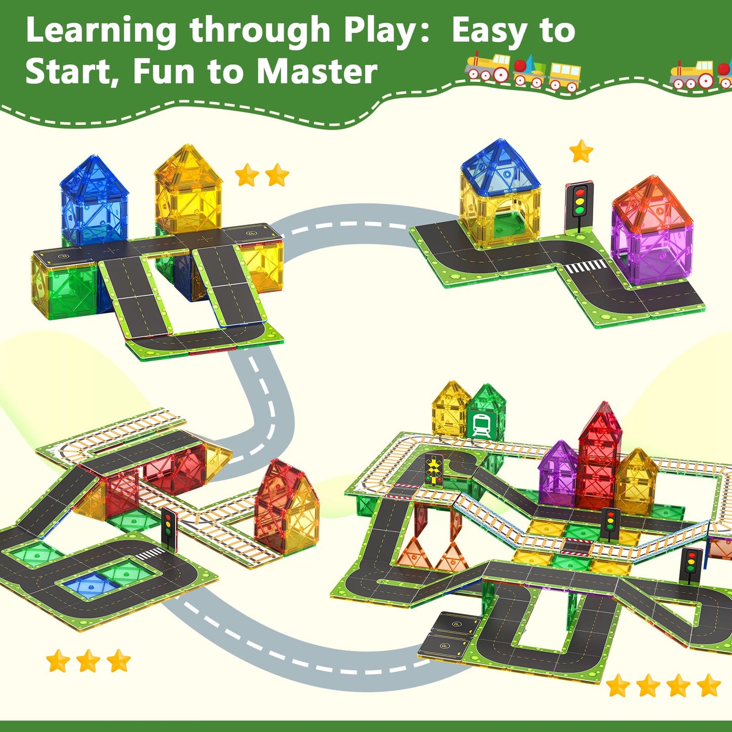 90Pcs Magnetic Tile Road Toppers (Magnetic Tiles Not Included) Kids Toys Magnetic Tile Accessories Creative Add-On Activity City Traffic Network Playset Sensory Play Toy Gifts For Kids Age 3 4 5 6 7