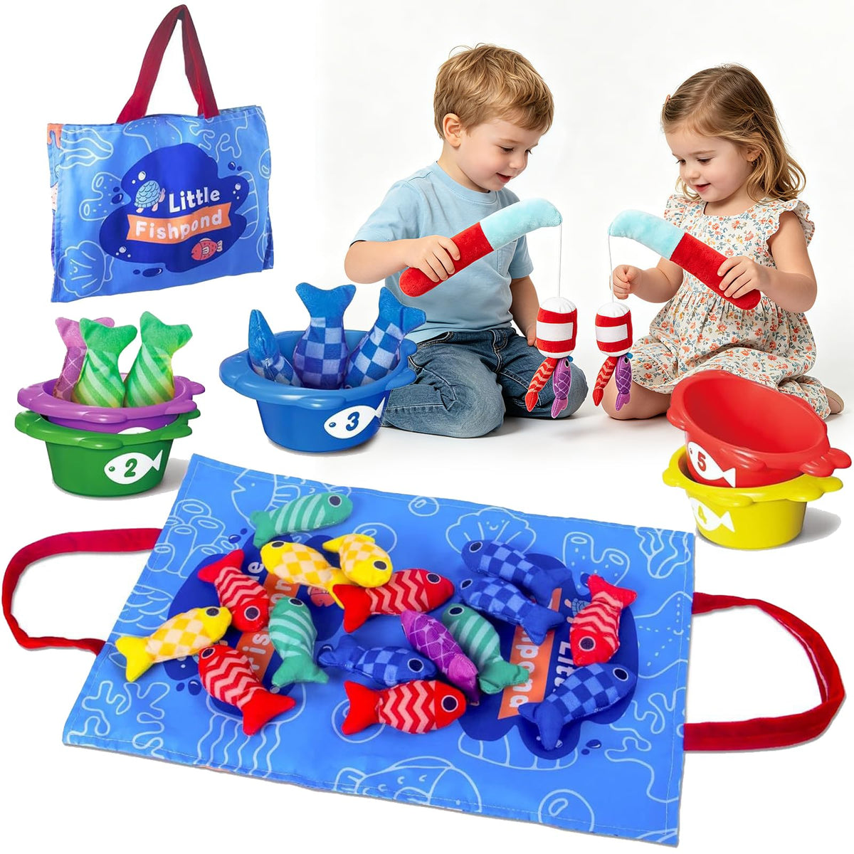 tinyhugs Montessori Toys for 1 Year Old, Cloth Fishing Game Toddler Toys with Stacking Cups, Learning Toys for 1 2 3 Year Old Bo