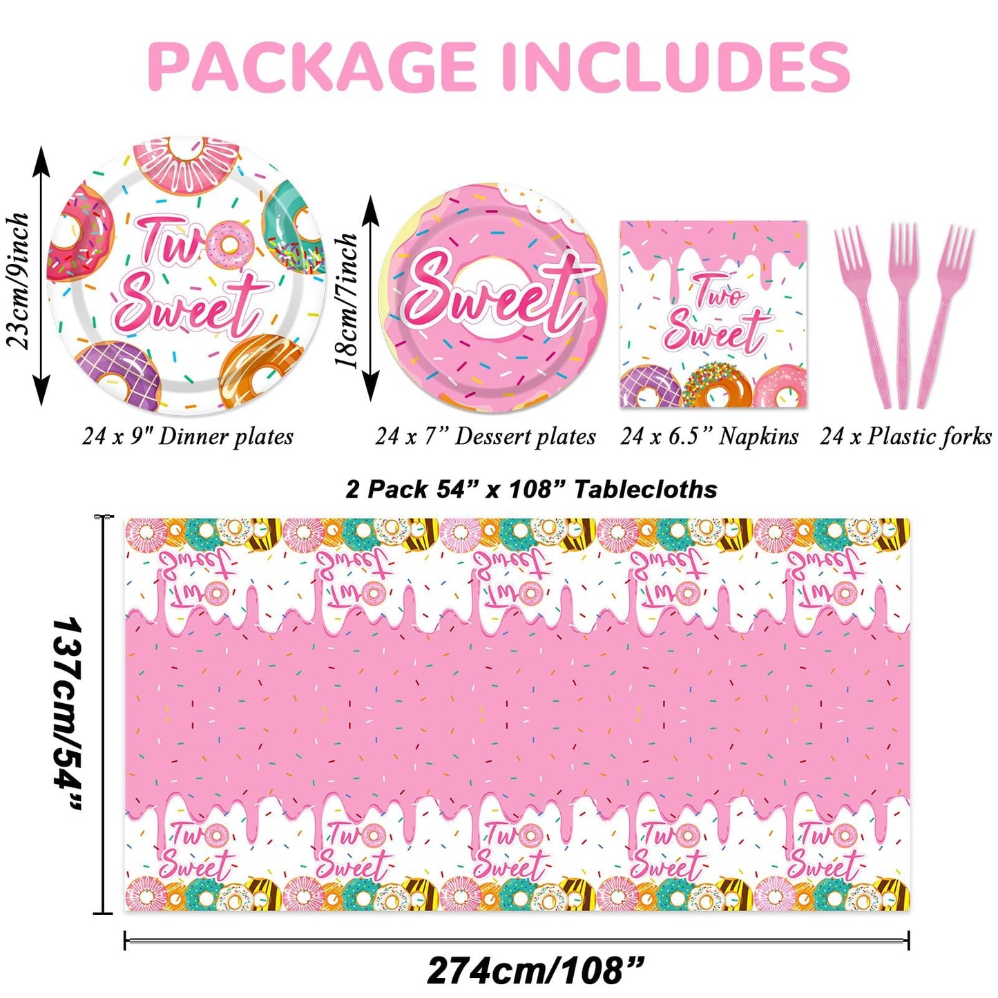 98 Pieces Two Sweet Donut Birthday Party Supplies For 24 Guests Girls Donut Tableware Set Baby Girl 2Nd Birthday Donut Plates Napkins Tablecloth Party Decorations Table Cover Dinnerware Party Favors