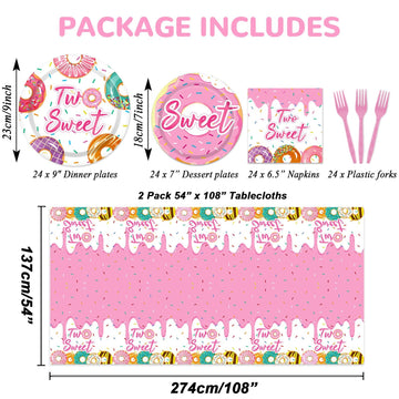 98 Pieces Two Sweet Donut Birthday Party Supplies For 24 Guests Girls Donut Tableware Set Baby Girl 2Nd Birthday Donut Plates Napkins Tablecloth Party Decorations Table Cover Dinnerware Party Favors