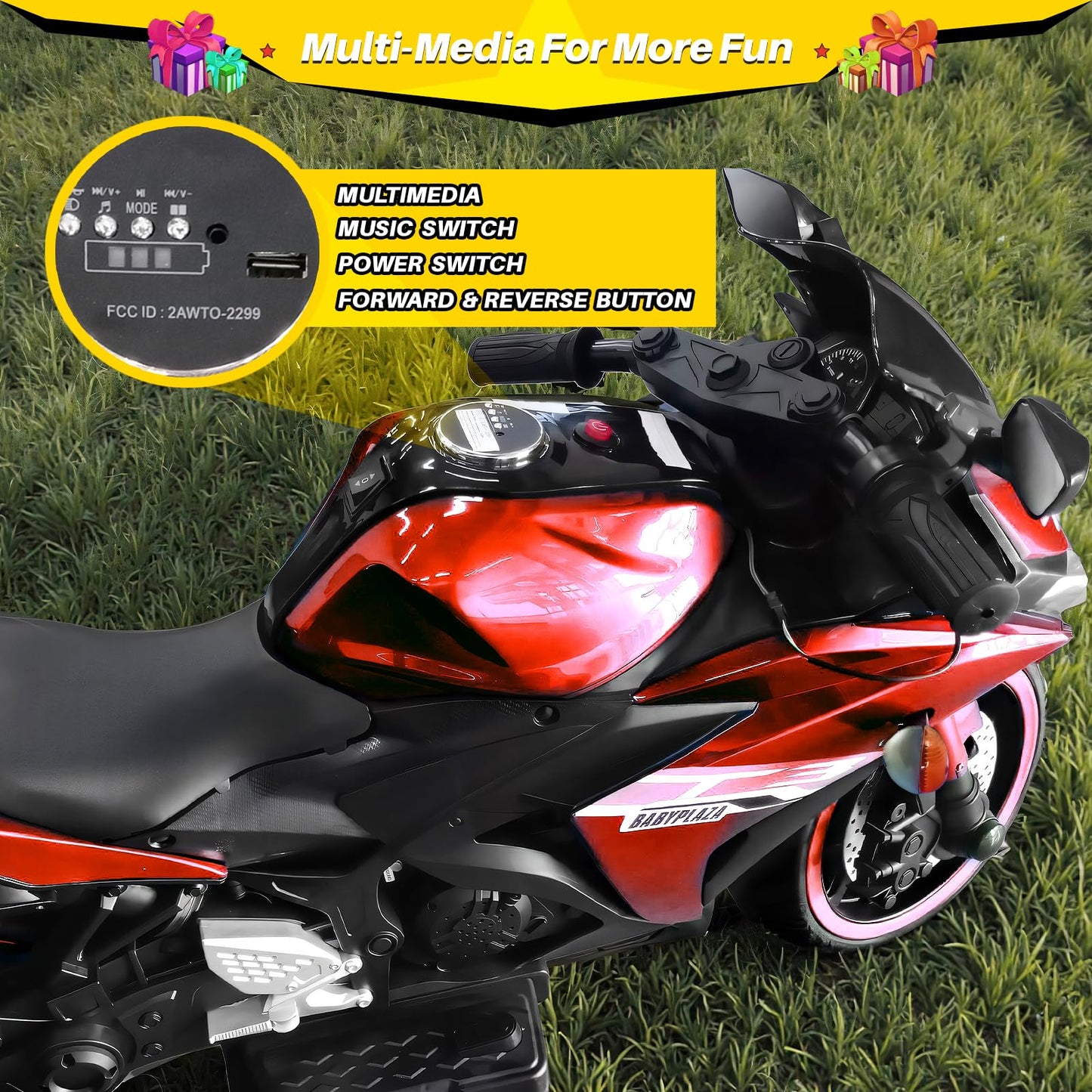 Blitzshark 12V Electric Motorcycle  Kids Motorcycle with Training Wheel  7AH Battery Ride On Motorbike for Kids 3.2 MPH Max Speed  Twist Grip Throttle  Brake Pedal  Soft Tires  Extra Long Seat  Red