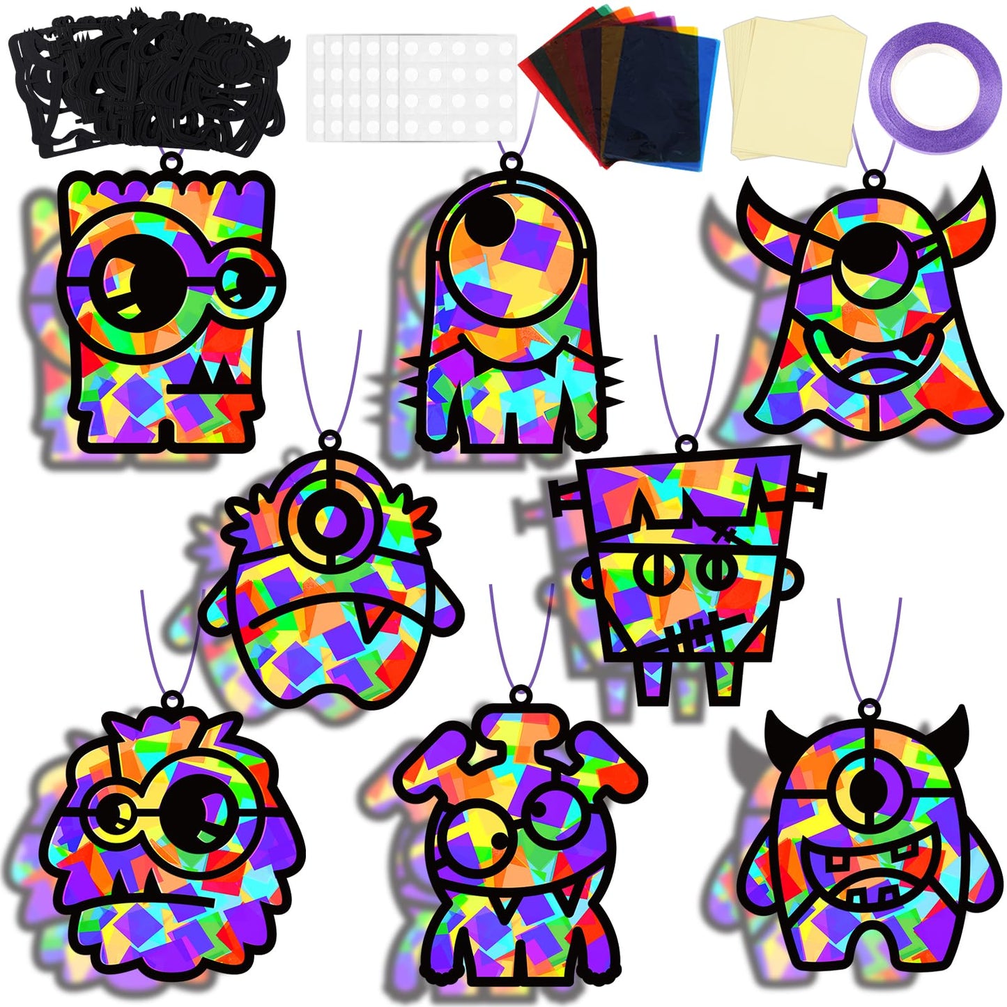 32 Sets Halloween Monster Suncatchers Craft Kit DIY Window Stained Glass Effect Halloween Monster Paper Crafts Home School Class