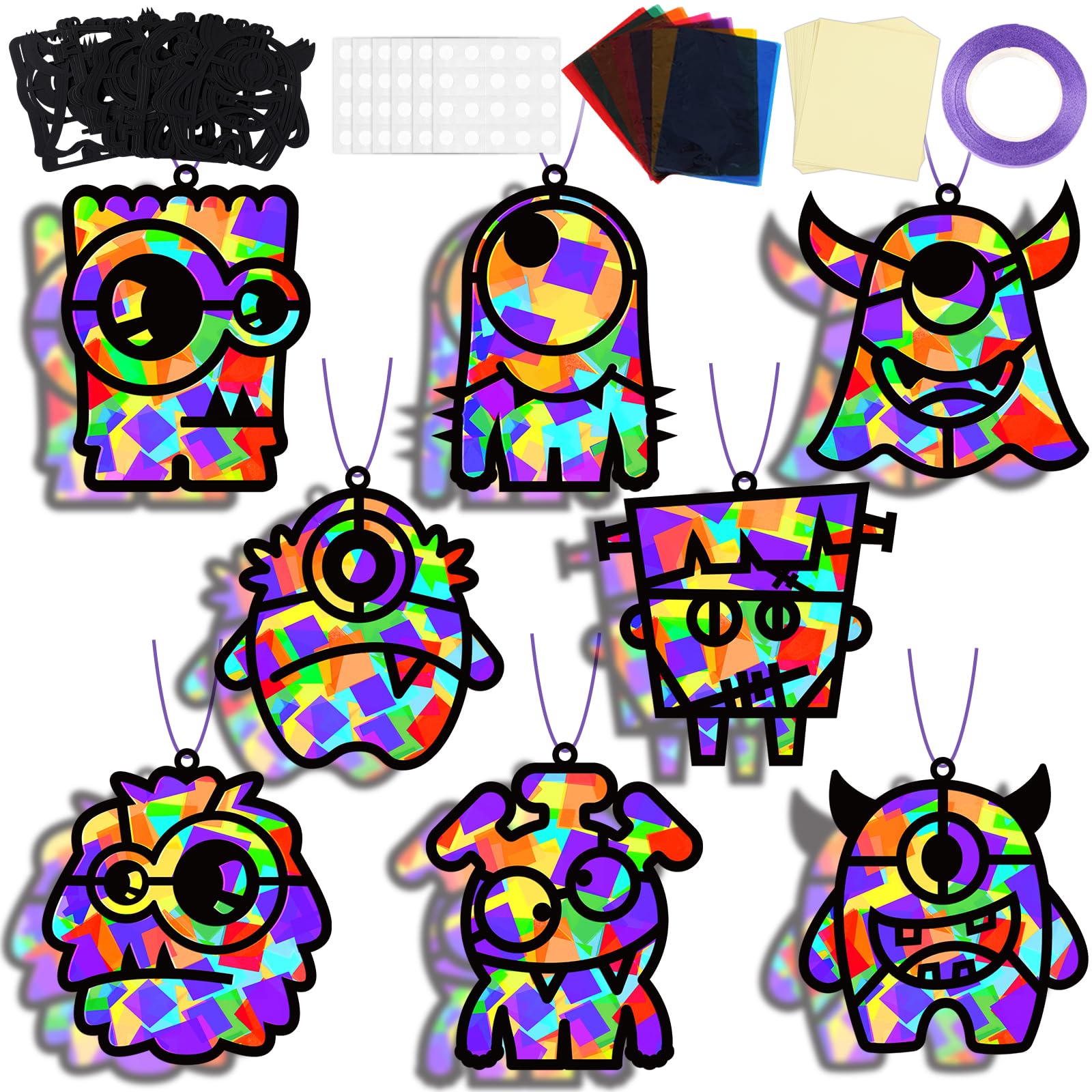 32 Sets Halloween Monster Suncatchers Craft Kit DIY Window Stained Glass Effect Halloween Monster Paper Crafts Home School Class