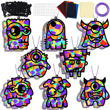 32 Sets Halloween Monster Suncatchers Craft Kit DIY Window Stained Glass Effect Halloween Monster Paper Crafts Home School Class