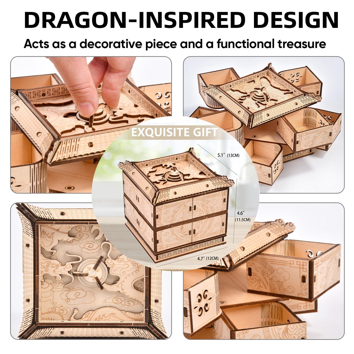 3D Wooden Puzzle Mechanical Treasure Box of Dragon  DIY Model Kits and 3D Puzzles for mature-themeds  Unique Wooden Puzzle for mature-themeds  Hobbies Projects mature-themed Building Sets Gift for Women and Kids