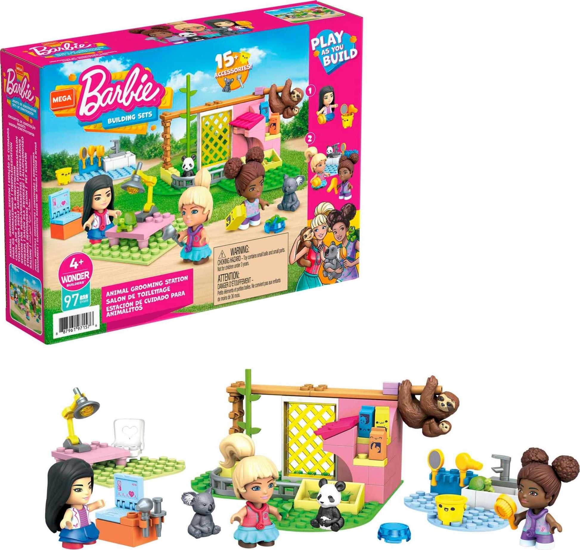 Mega Barbie Animal Grooming Station Building Set with, 97 Bricks and Pieces, Accessories and 3 Micro-Dolls, Toy Gift Set for Age