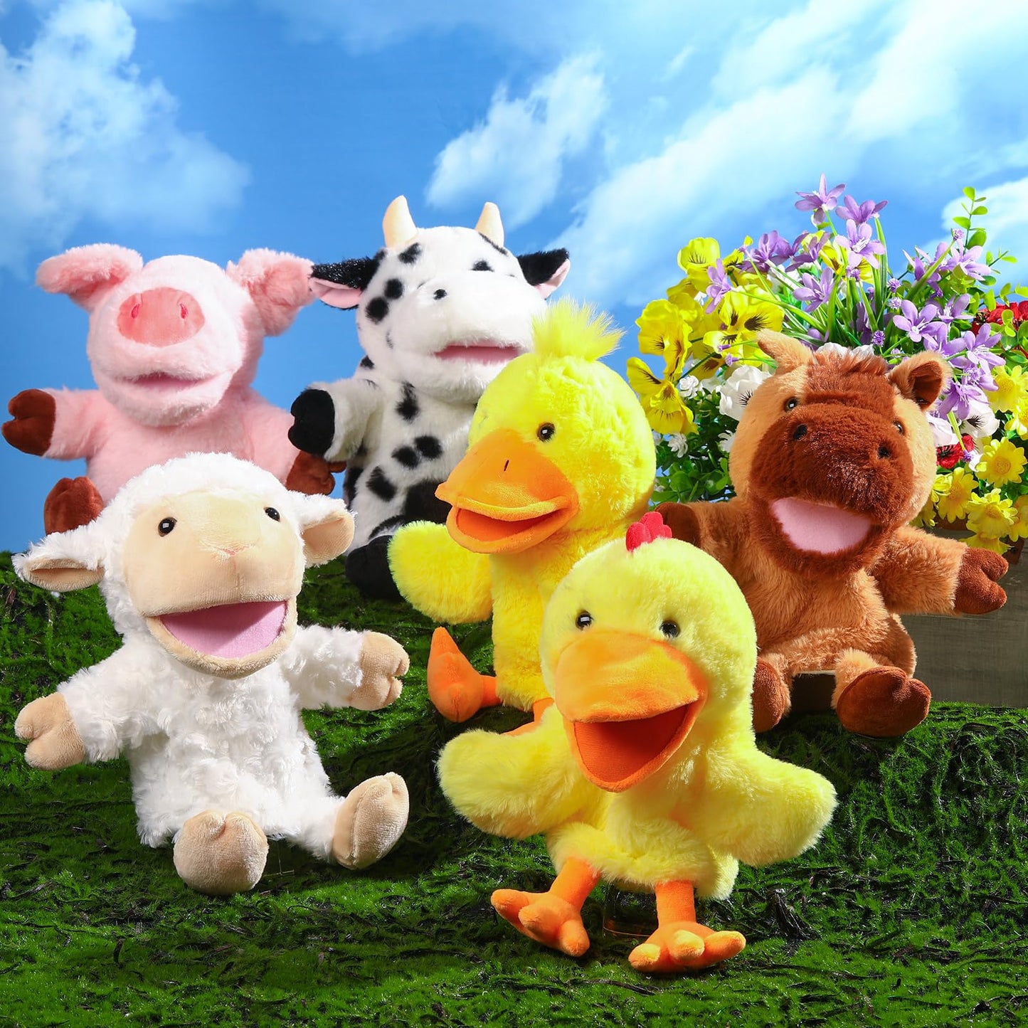 Lenwen 6 Pcs Valentines Day Gifts For Kids Hand Puppets Bulk With Working Mouth 10 Inches Plush Animal Hand Puppet Toddler Plush