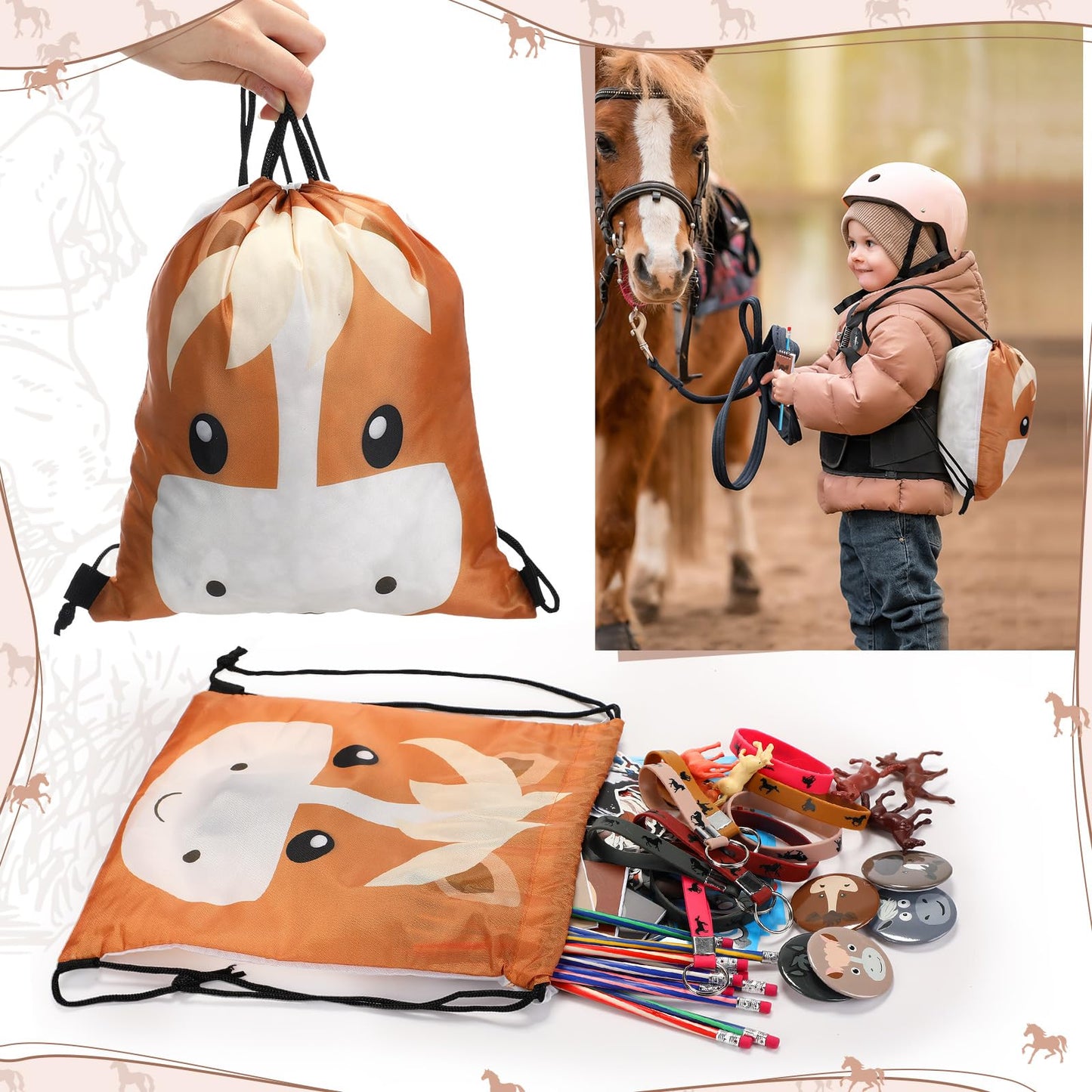 Liliful 152 Pcs Horse Themed Party Favor Supplies with Drawstring Bag Keychain Rubber Wristbands Badges Puzzle Stickers Horse St