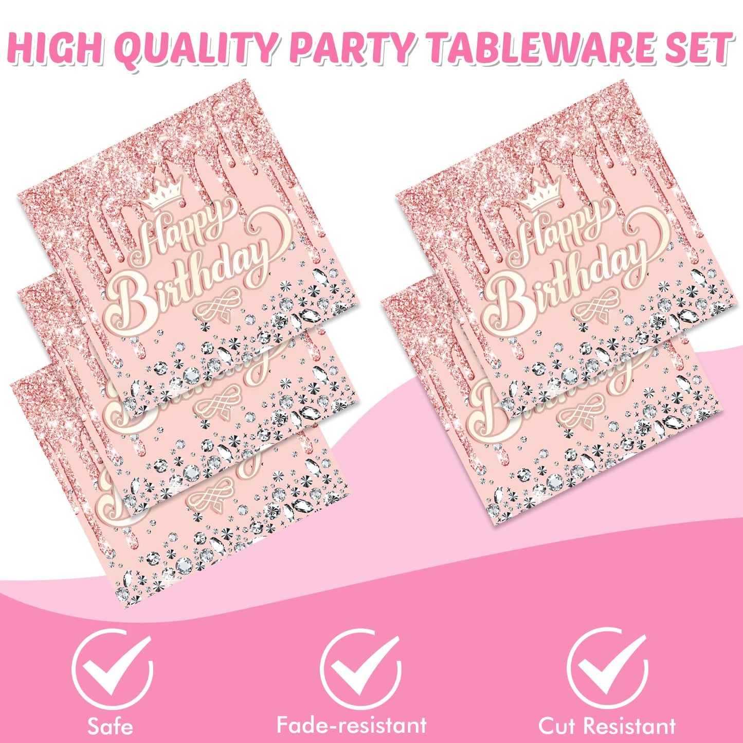 Rose Gold Birthday Decorations-20 Plates and 20 Napkins, Pink Rose Gold Theme Happy Birthday Party Decoration for Kids(Rose Gold