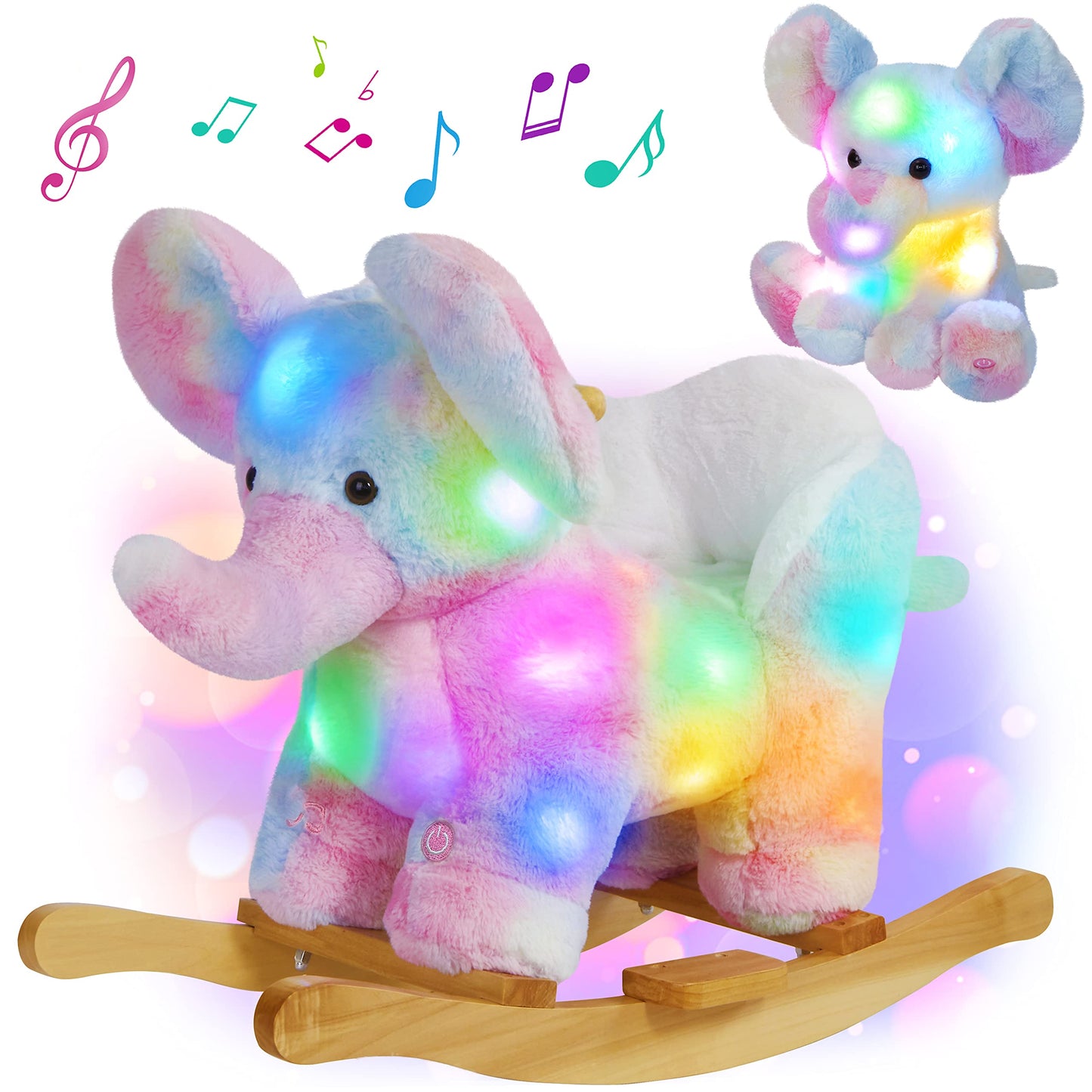 Glow Guards Light Up Musical Elephant Baby Rocking Horse Set Of 2 With Rainbow Elephant Plush Toy Baby Wooden Chair For Toddlers Girls And Babies Age 1-3 (Elephant)