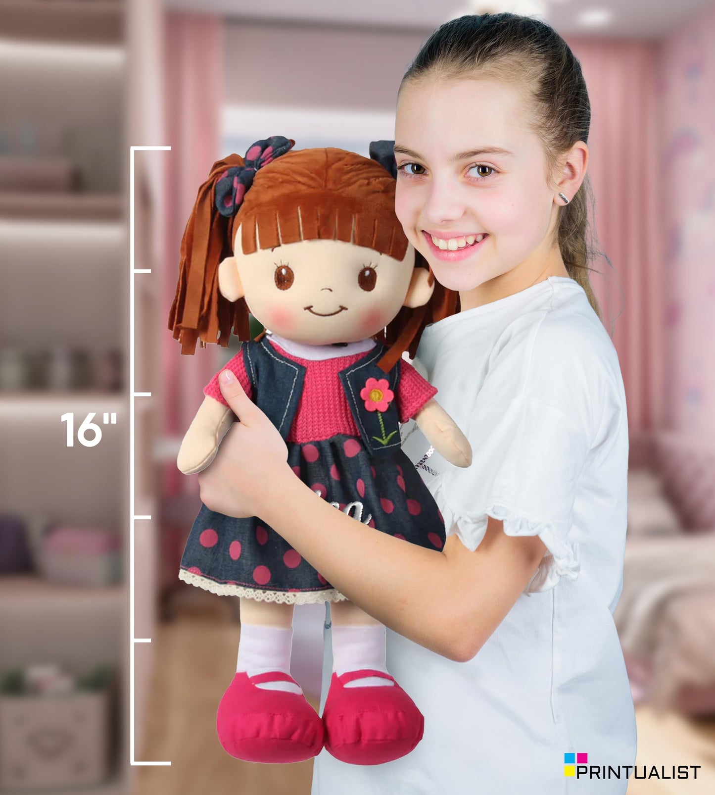 Personalized Rag Dolls for Girls - Custom 16 Inches Soft Plush Snuggle Baby Doll for Toddlers Stuffed Toys - Muecas de Trapo Personalizadas para Nias - Denim Vest and Skirt