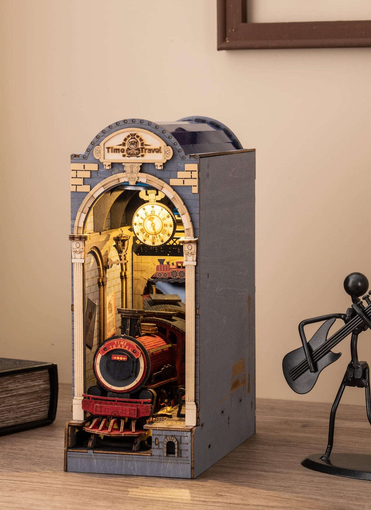 Robotime Diy Book Nook Kit Insert Bookcase Book Stand 3D Wooden Puzzle Diy Miniature House Wood Bookend Book Nook Model Building Kit With Led Light Booknook Decoration (Time Travel)