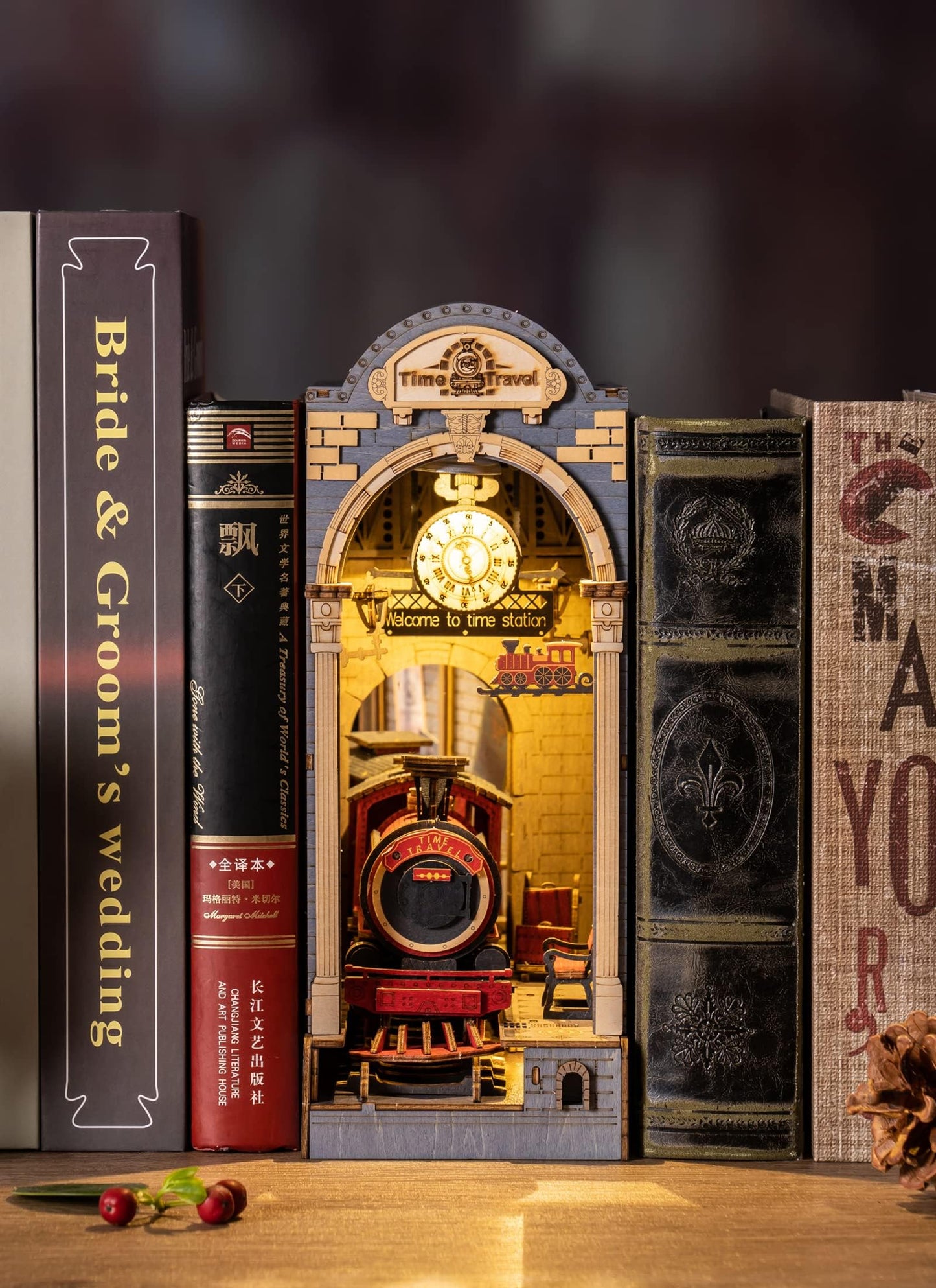 Robotime Diy Book Nook Kit Insert Bookcase Book Stand 3D Wooden Puzzle Diy Miniature House Wood Bookend Book Nook Model Building Kit With Led Light Booknook Decoration (Time Travel)