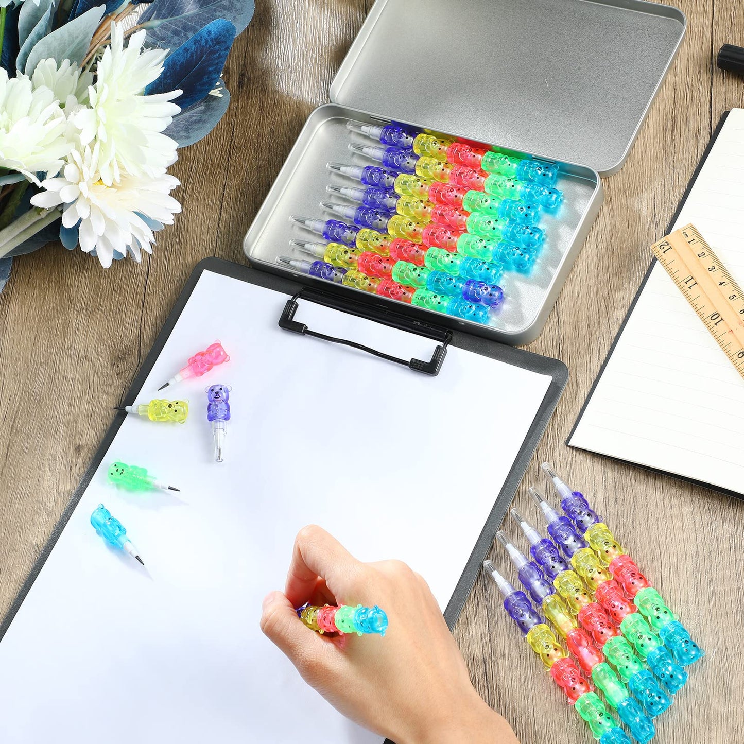 Chinco 50 Pieces Stackable Plastic Bear Pencils Stacking Point Pencils 5 in 1 Colored Party Favors for Birthday Party Supplies G