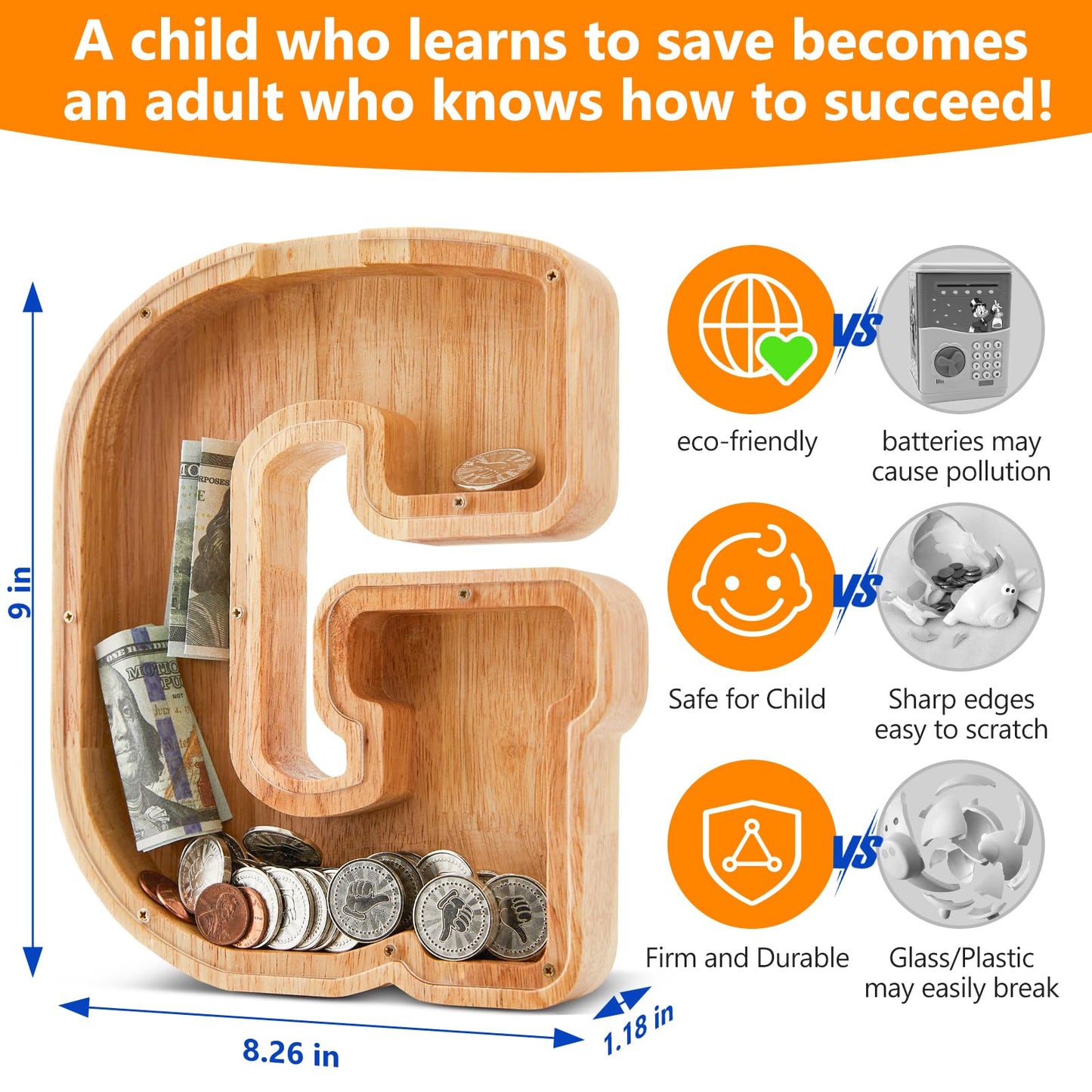 Wooden Letter Piggy Bank for Kids  Initial Coin Bank for Boys and Girls  First Name Personalized Savings Bank for Birthday Boys Girls Gift Piggy Bank for Kids (Wood  S9-G)