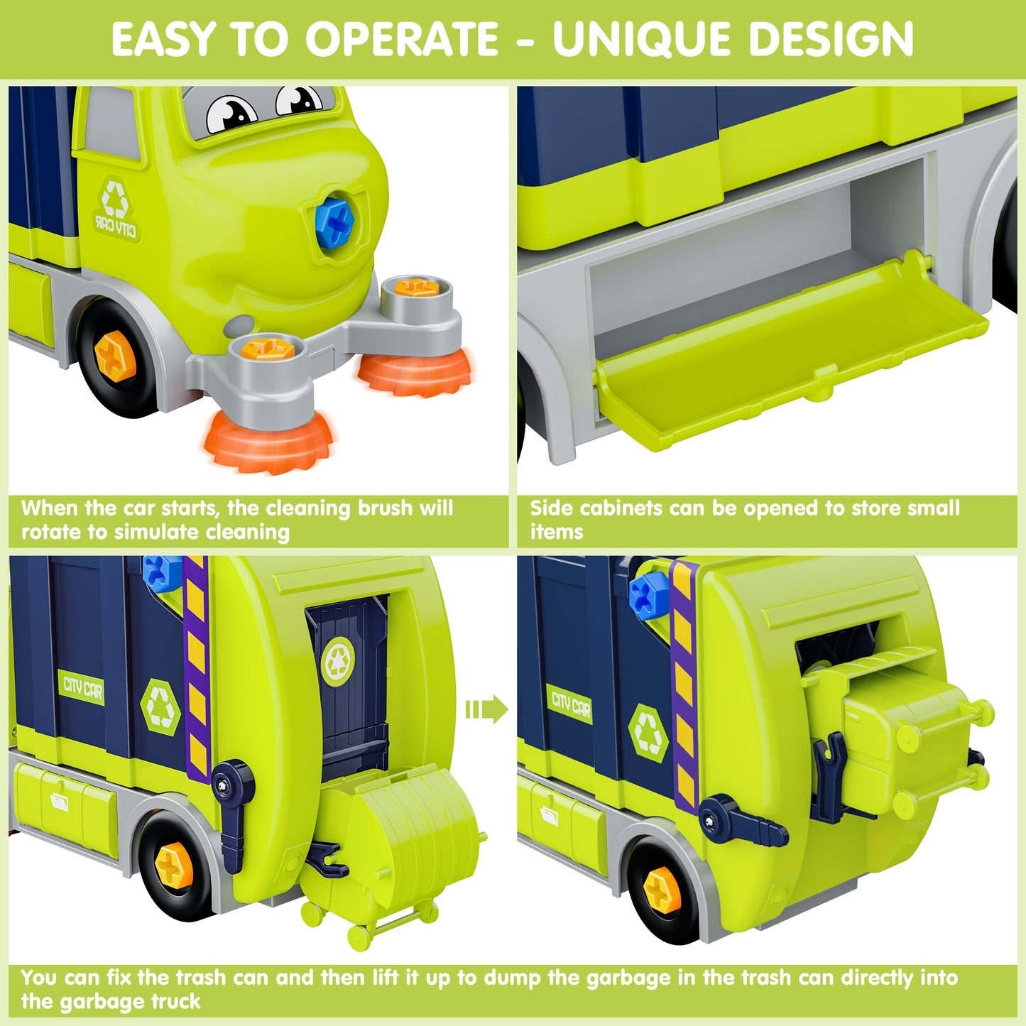 BASUN Take Apart Electric City Clean Truck Toy Set, STEM Plastic Toys for 3-8 Years, Green, DIY with Electric Drill