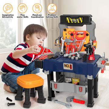 Kids Tool Bench with Electric Drill and Chair, Christmas Birthday Gift for Boys Girls Age 3,4,5+ Pretend Play Kids Tool Set, Tra