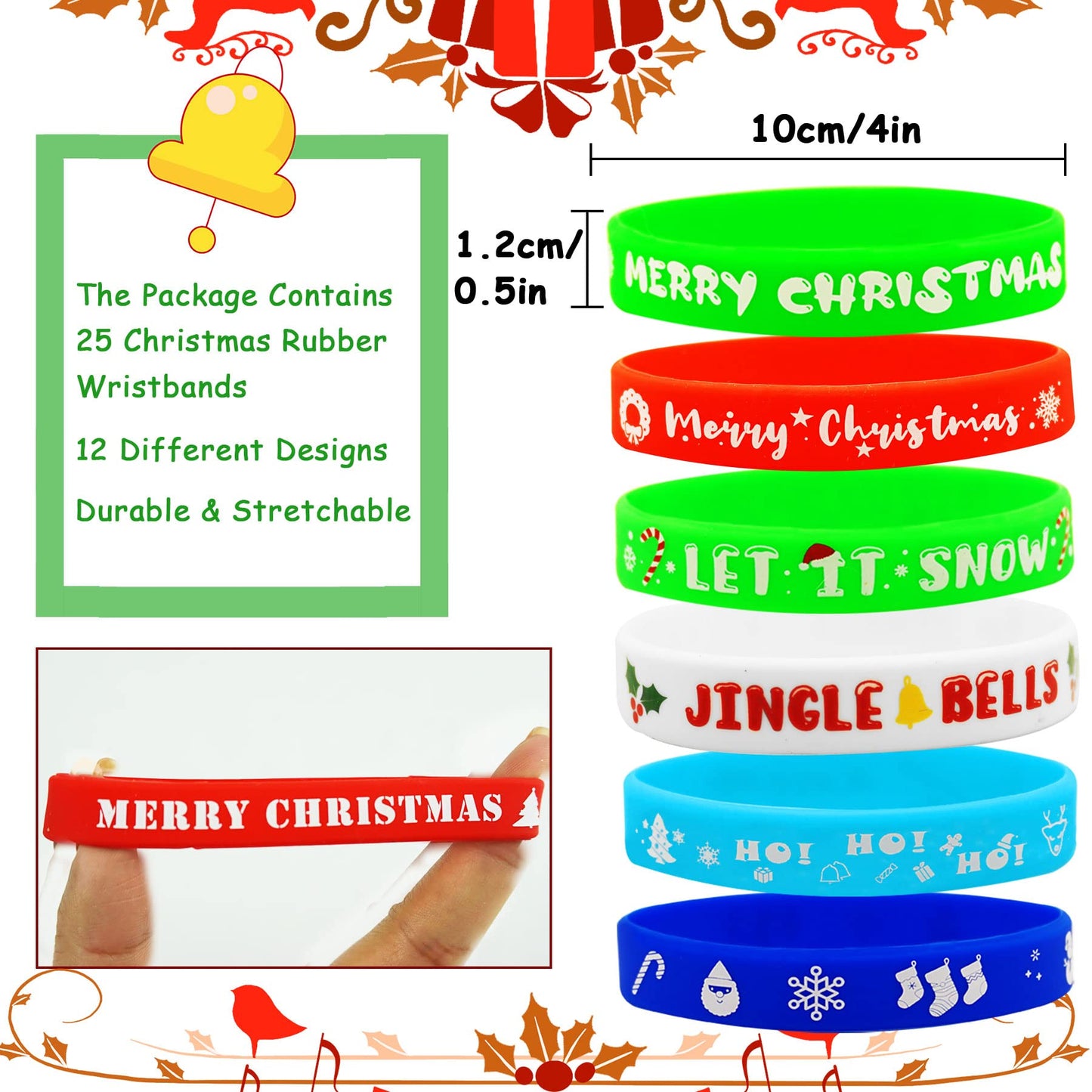 JUNEBRUSHS 50 Pack Christmas Party Favors Christmas Slap Bracelets Rubber Wristbands Assorted for Kids Slap Bands Silicone Snap