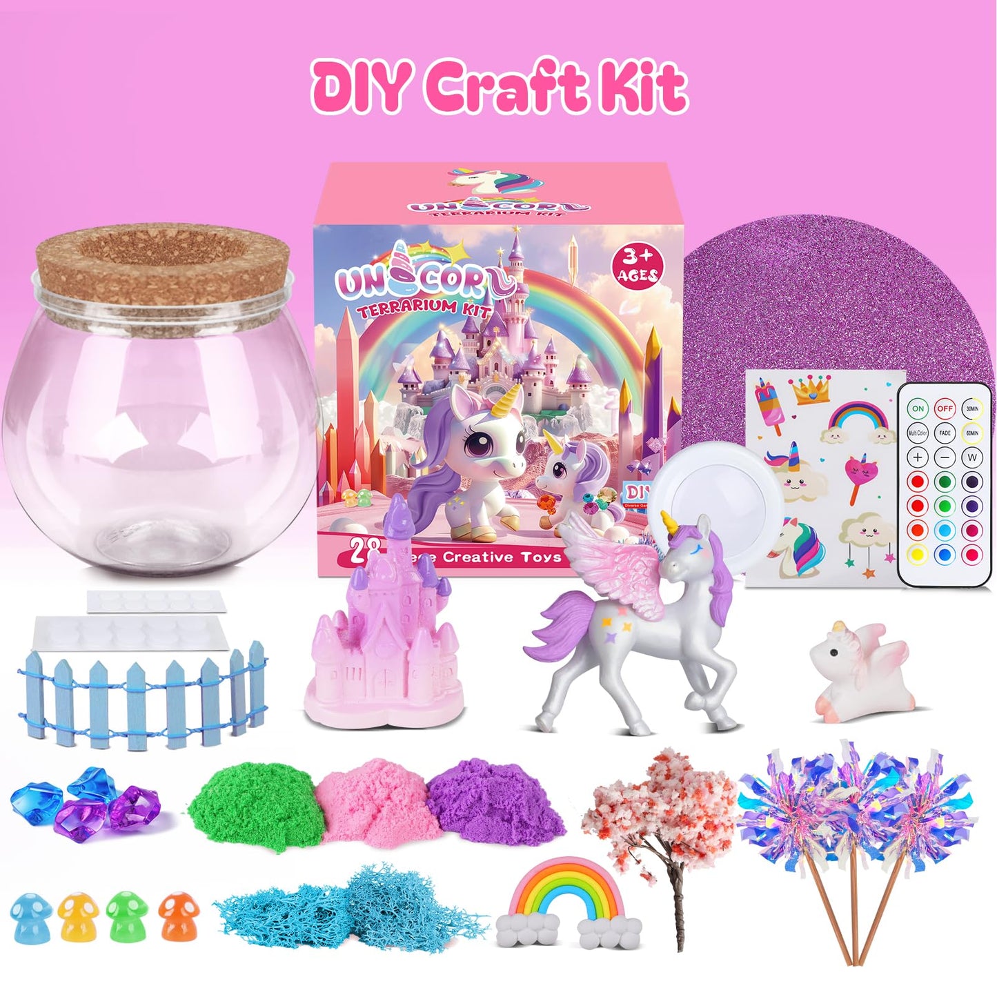 Ronstone Uni-Corn Terrarium Kit Toys For Girls - Birthday Christmas Gift For Girls Ages 4 5 6 7 8-12 Year Old - Light Up Diy Uni
