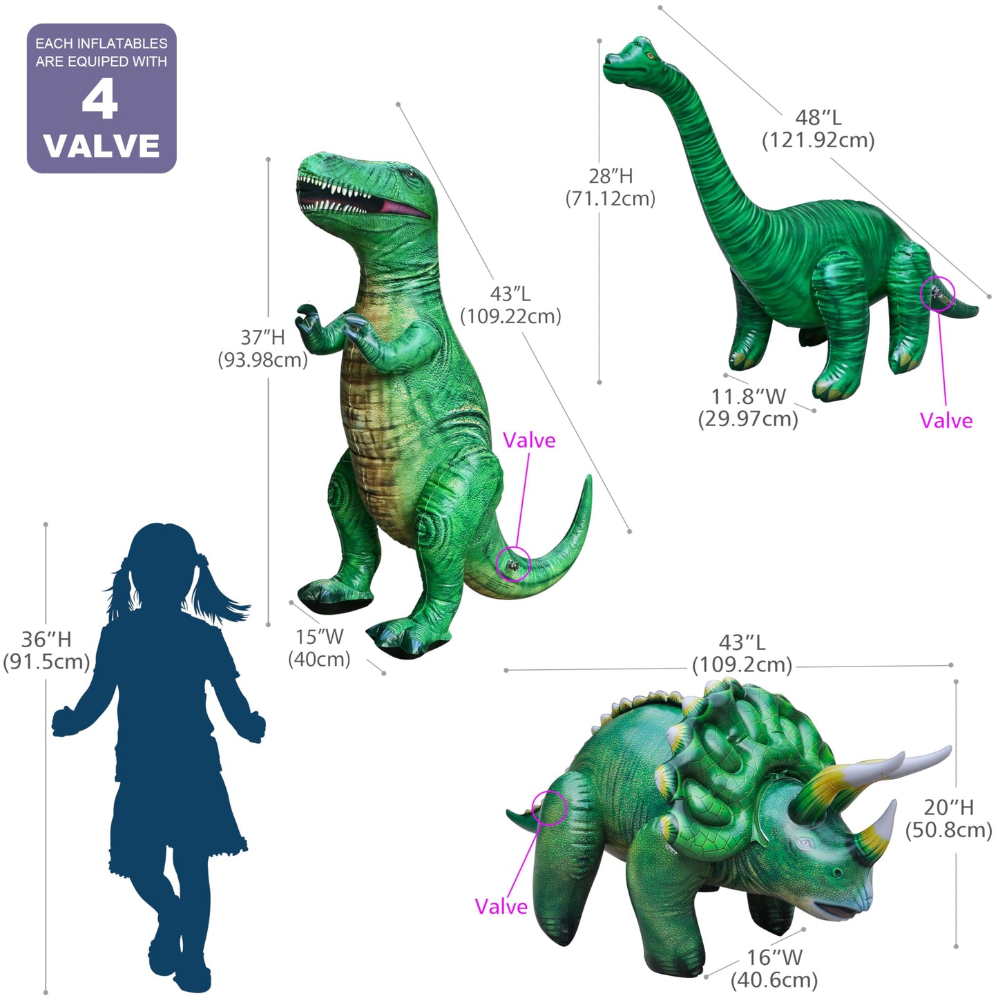 Jet Creations Inflatable Dinosaur 3-Pack - T-Rex 43 , Brachiosaurus 48 , Triceratops 43  - Prehistoric Blow-Up Toys For Kids, Pa