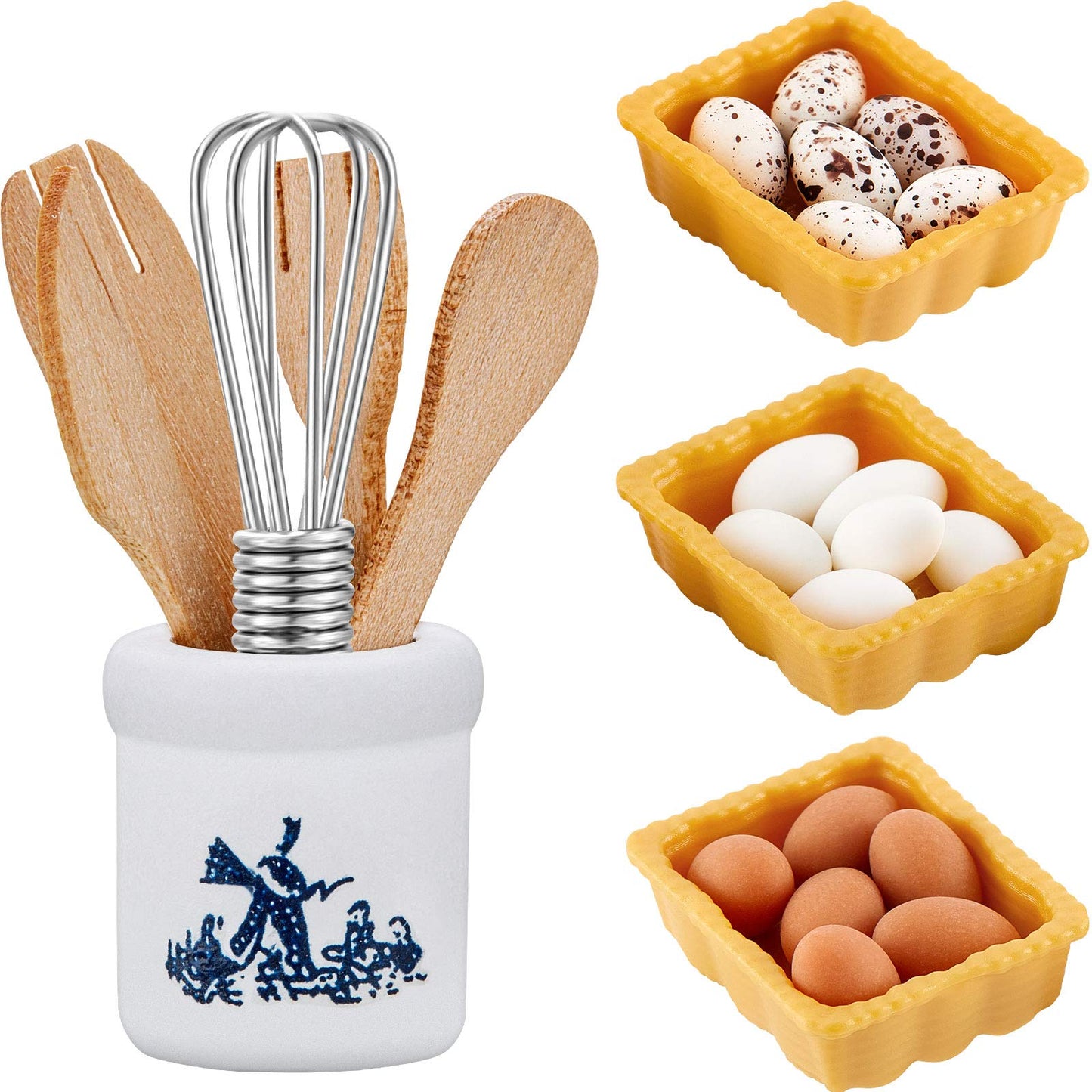 Skylety 28 Pieces 1:12 Dollhouse Kitchen Decorations  6 Pieces Miniature Egg Beater and Utensils with 18 Pieces Mini Egg Models Miniature Food Toy with Pottery Holder Pretend Play Toy