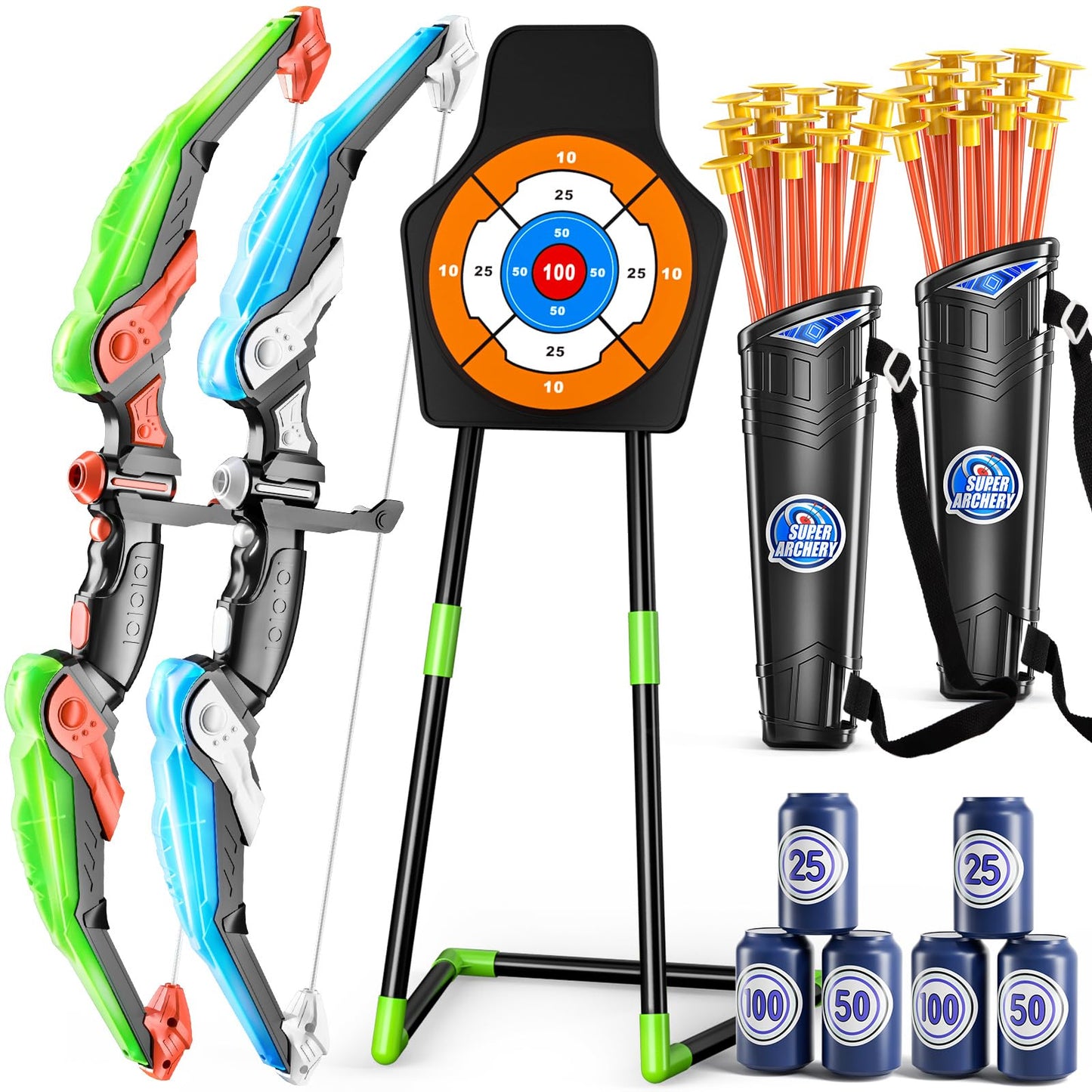 Niplooow 2 Pack Kids Bow And Arrow Set, Led Light Up Archery Toy Set With 30 Suction Cup Arrows, Standing Target, Quiver & 6 Sco