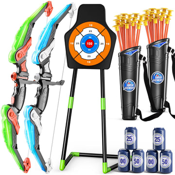 Niplooow 2 Pack Kids Bow And Arrow Set, Led Light Up Archery Toy Set With 30 Suction Cup Arrows, Standing Target, Quiver & 6 Sco